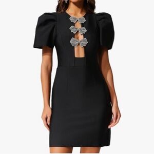 Elegant Black Bow Clear Stone Studded Dress with Unique Cutout Design